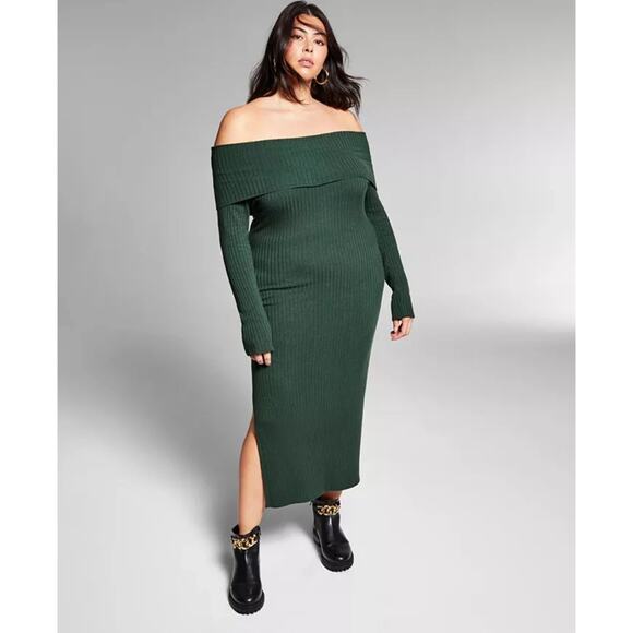 Jeannie Mai Green Dress INC Knit Sweater Dress Off Shoulder Maxi Midi Plus 2X - Picture 1 of 12